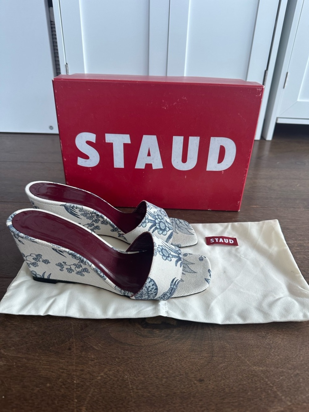 STAUD Cream and Blue Floral Canvas Wedge Sandals